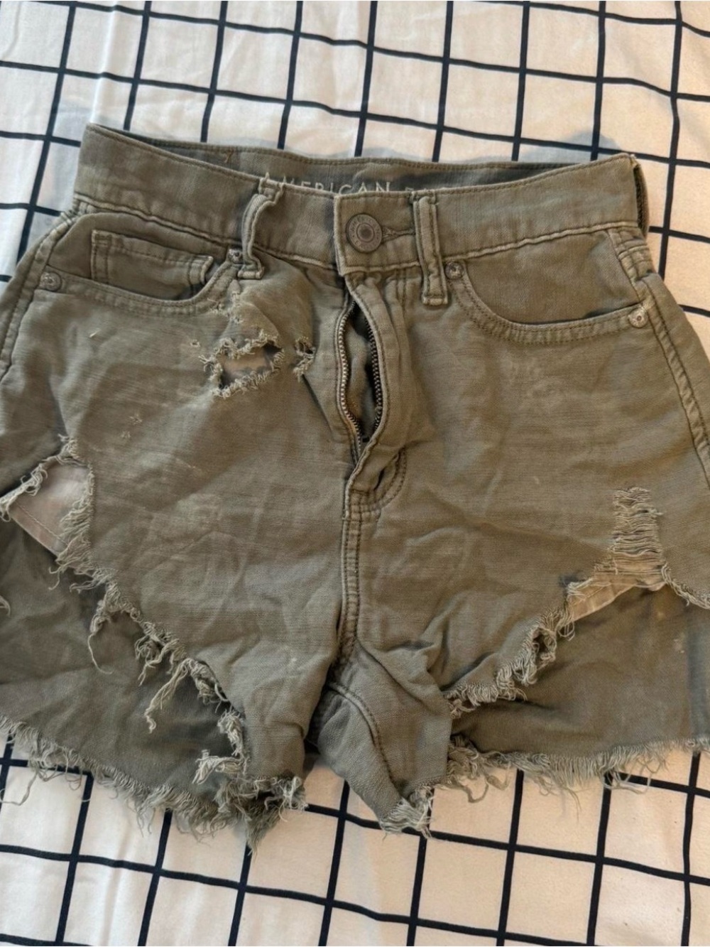 American Eagle Olive Distressed High-Rise Denim Shorts